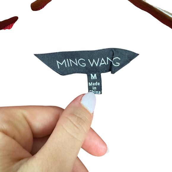 Ming Wang Red Geometric Diamond Knit Black Trim 3/4 Sleeve Cardigan Sweater - Picture 10 of 12